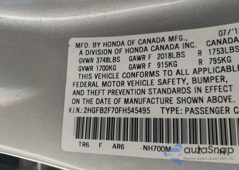 2015 Honda Civic Se из США, поврежденный, VIN 2HGFB2F70FH545495